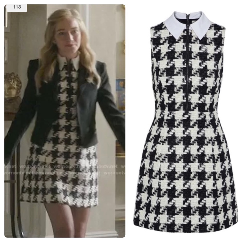 Alice + Olivia Black and White Houndstooth Mini Dress with Contrast Collar